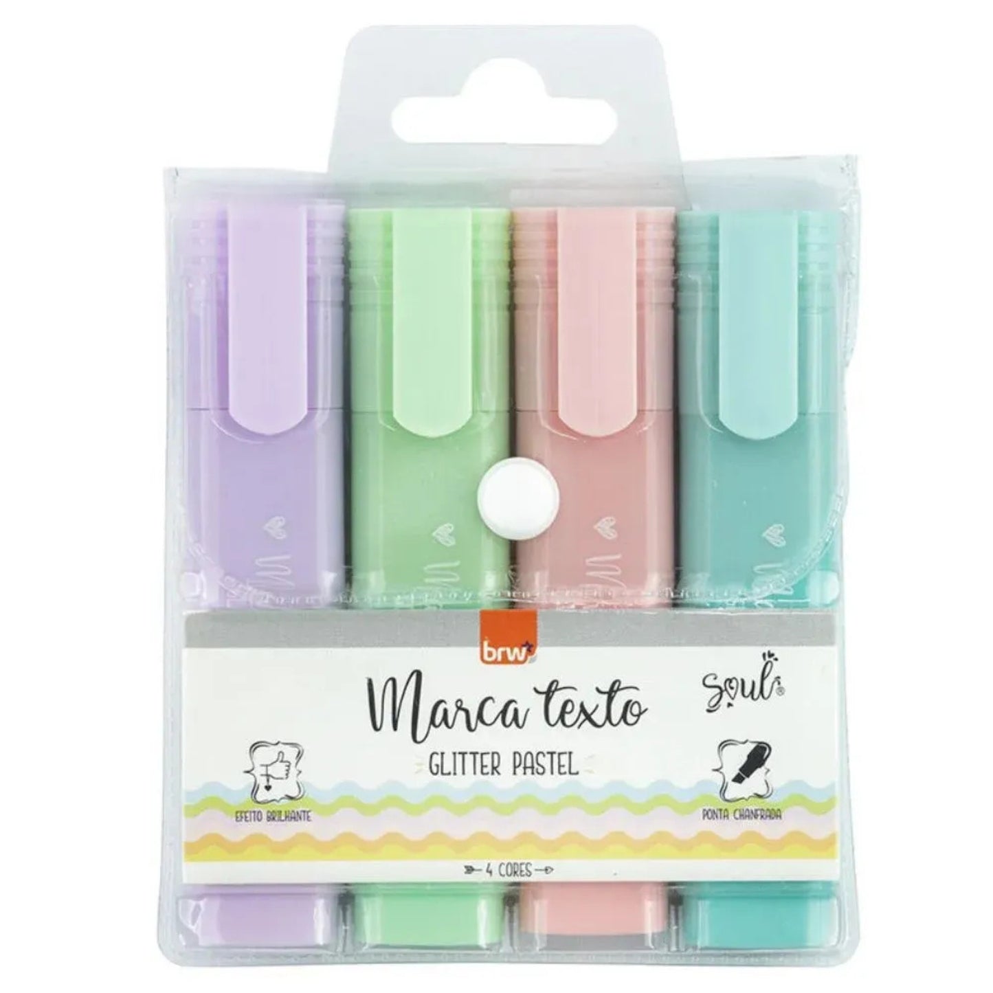 Marca Texto - BRW - Pastel c/ Glitter - Estojo c/ 4 Cores.
