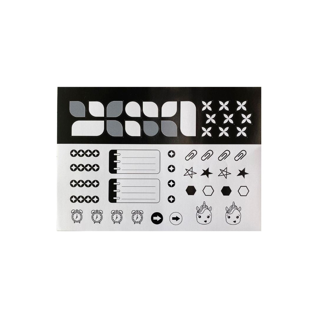 Cartela de Adesivos - Papelaria Unicórnio - Preto e Branco A5