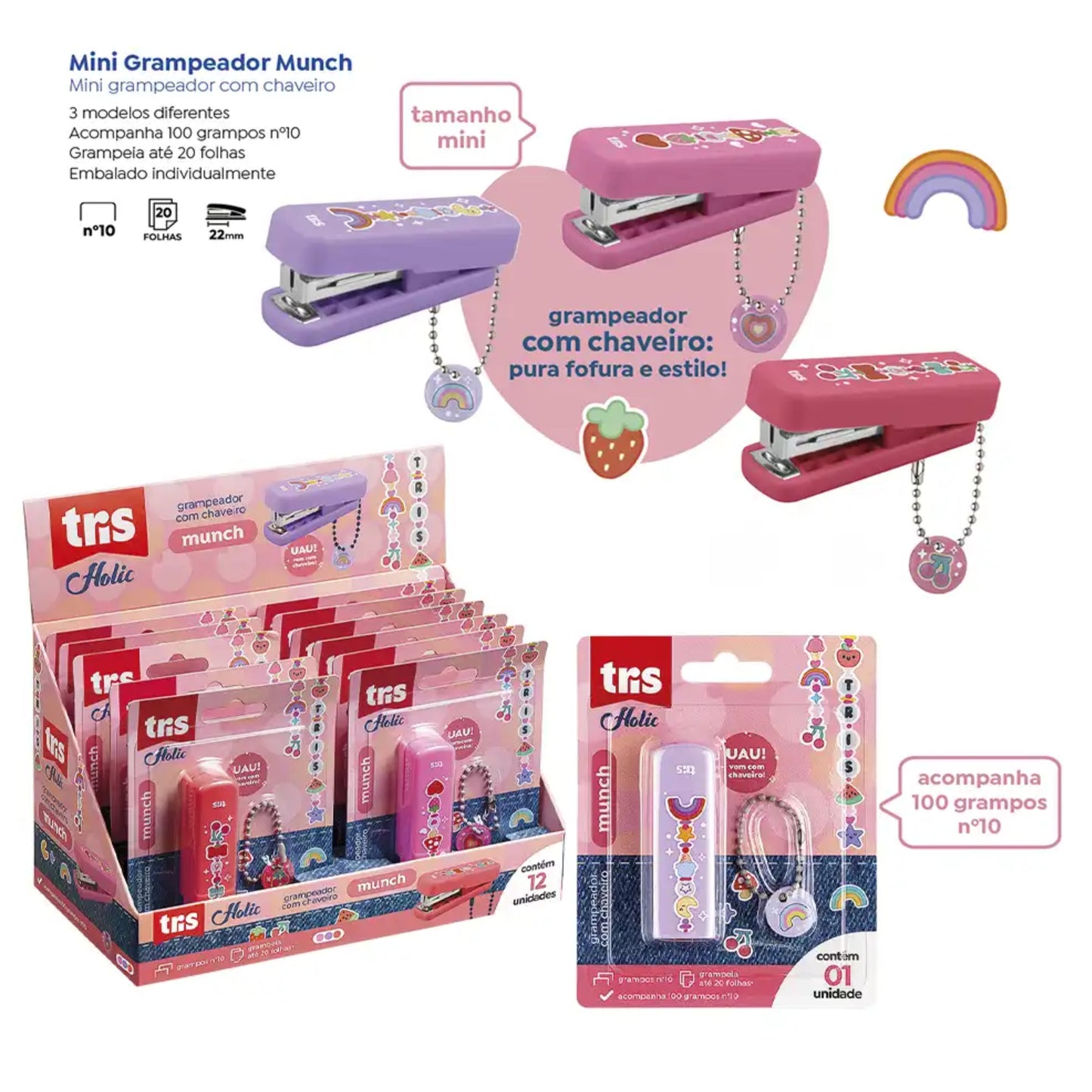 Grampeador Mini - Tris Holic - Charm - Munch c/ 100 Grampos e Chaveiro