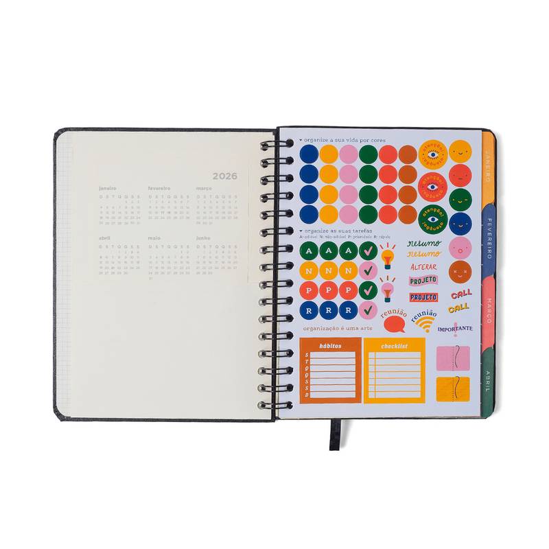 Planner Wire-o 2026 - Cícero - Libélulas Semanal Notas c/ Divisórias A5 - Preto