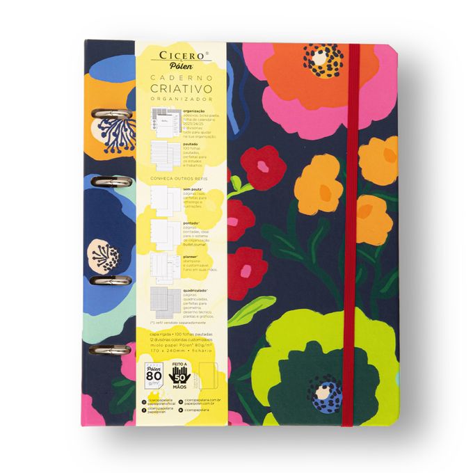 Caderno Criativo Argolado -Cícero - Pólen Pautado 17x24 Flores Marinho