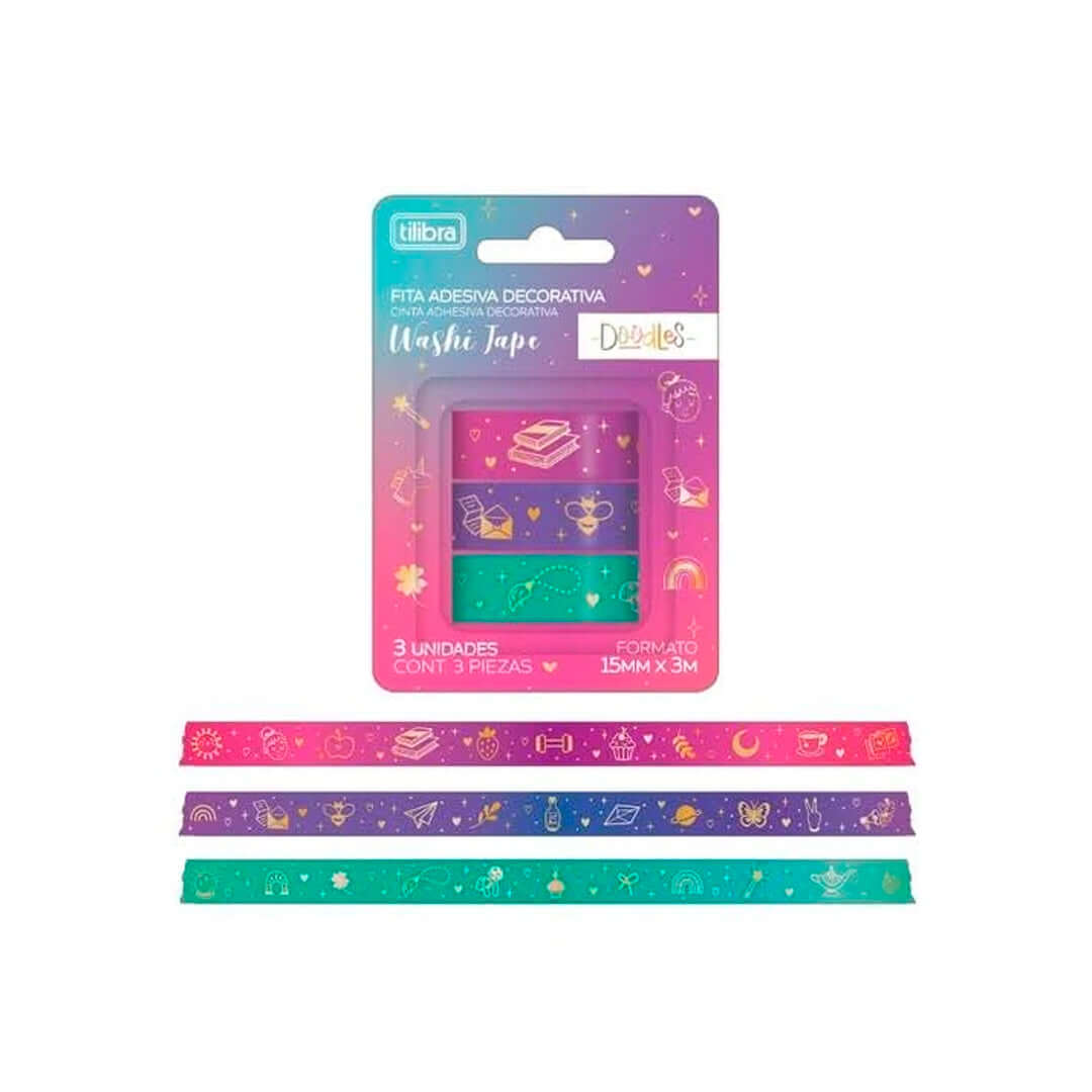 Washi Tape - Tilibra - Doodles 3 Unidades 15mmx3m