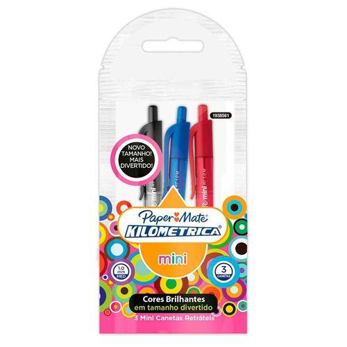 Caneta Esferográfica - Paper Mate - Kit 3 Mini Kilométrica Retrátil Cores Clássicas