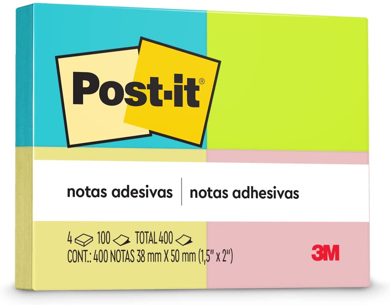 Bloco de Notas Adesivas - Post-it 3M - Neon Novas Cores 38 x 50mm 4 Blocos 100Fls