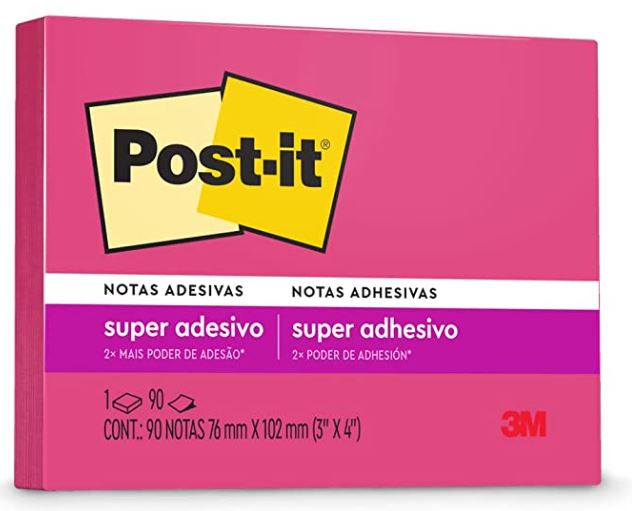 Bloco de Notas Adesivas Rosa 90FLS 76 x 102mm - Post-it 3M - Kit 5 Unidades