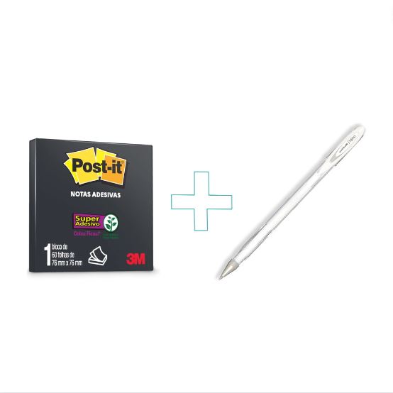 Kit Post It Preto 76x76mm + Caneta Gel Uni-Ball Signo Angelic Colour Branca