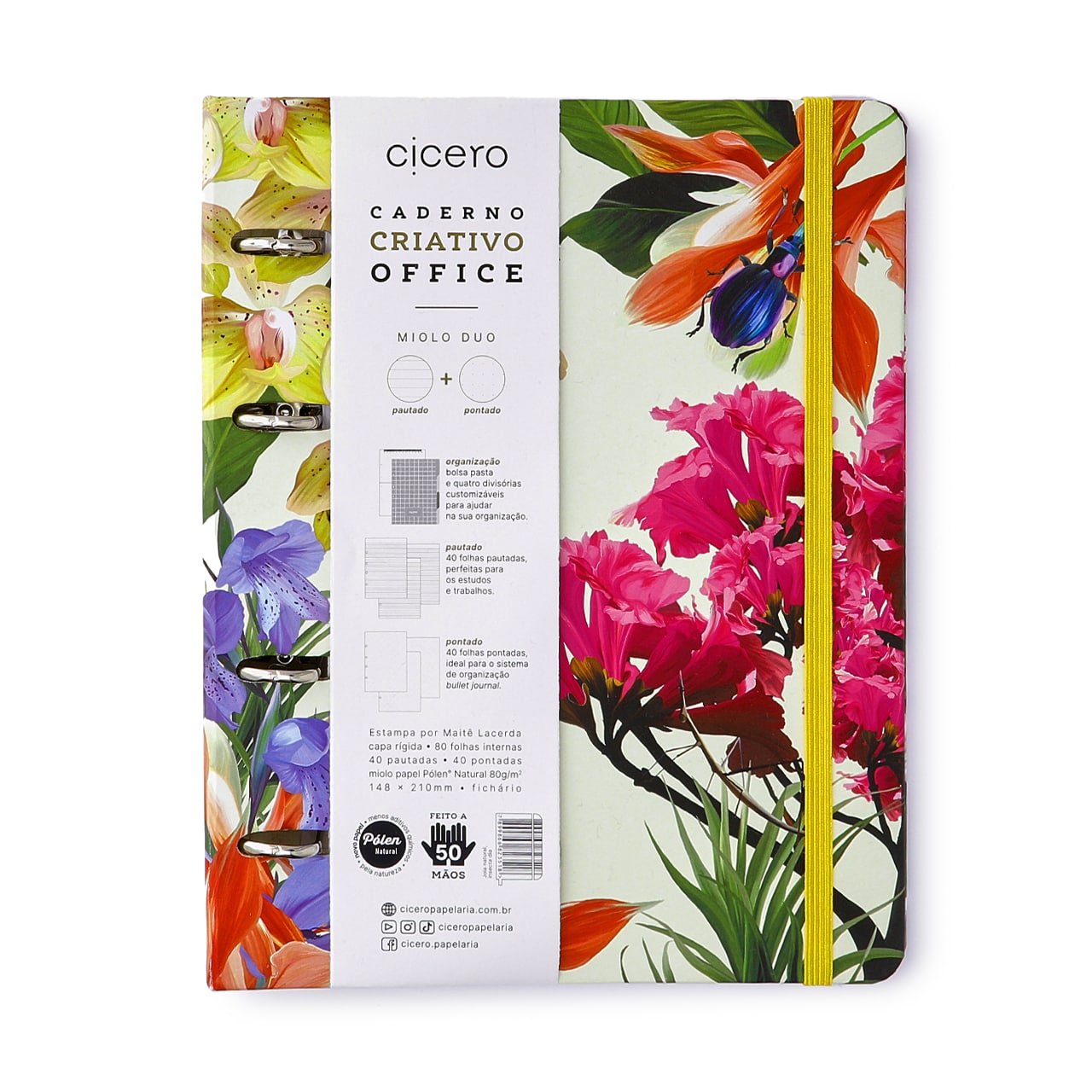Caderno Criativo Argolado - Cícero - Office Duo Jóia Natural Pautado & Pontado A5 Insecta Dia