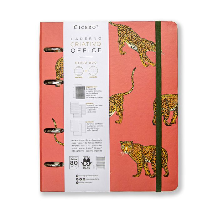 Caderno Criativo Office Argolado Pautado e Pontado - Cícero - A5 Onças Cereja