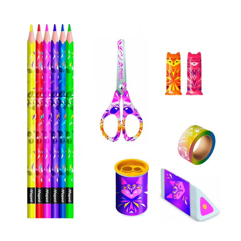 Box Mini Cute - Maped - 1 Apontador 1 Borracha 1 Tesoura 2 Marcadores 6 Lápis de Cor e 1 Washi Tape - verso