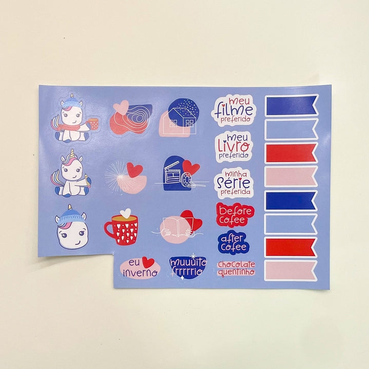 Cartela de Adesivos - Papelaria Unicórnio - Inverno