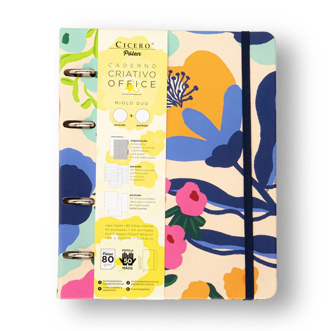 Caderno Criativo Argolado Office Duo - Cícero - Pólen Pautado & Pontado A5 Flores Off White