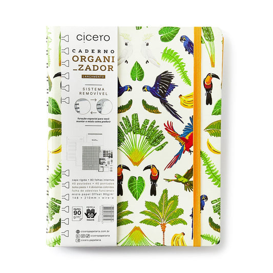 Caderno Organizador - Cícero - Duo Pássaros Pautado & Pontado A5 Floresta Tropical Branco
