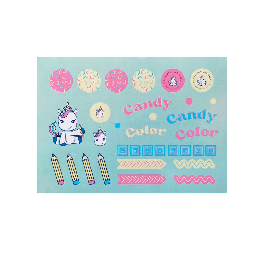 Cartela de Adesivos - Papelaria Unicórnio - Candy Colors A5