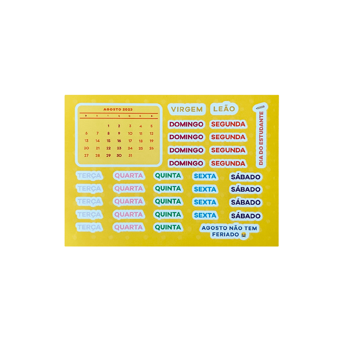 Cartela de Adesivos - Papelaria Unicórnio - Planner Agosto A6
