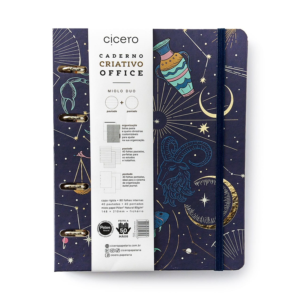 Caderno Criativo Argolado Office Duo Astral Pautado & Pontado A5 Cartas do Zodíaco Azul