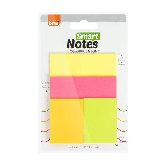 Bloco Adesivo - BRW - Smart Notes Colorido Neon Blister 4 Cores 25 Folhas por Bloco