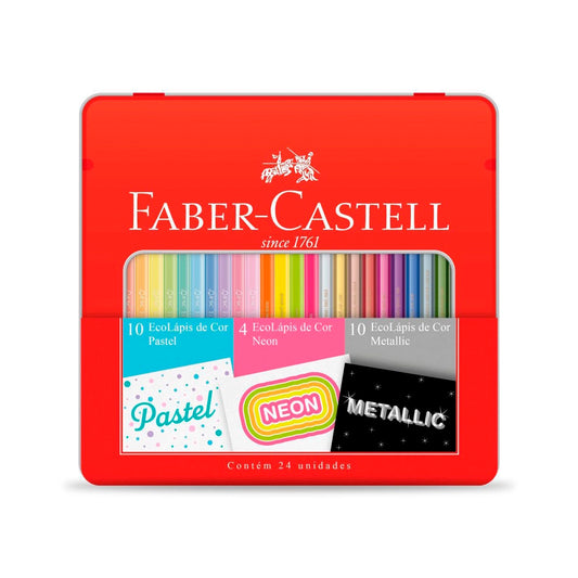 Lápis de Cor 24 Cores - Faber-Castell - 10 Cores Pastel + 4 Cores Neon + 10 Cores Metálicas