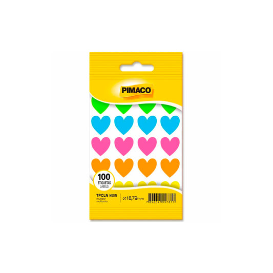 Etiquetas Coração Multicolor Neon - Pimaco - 100 Etiquetas Ø 18,79mm