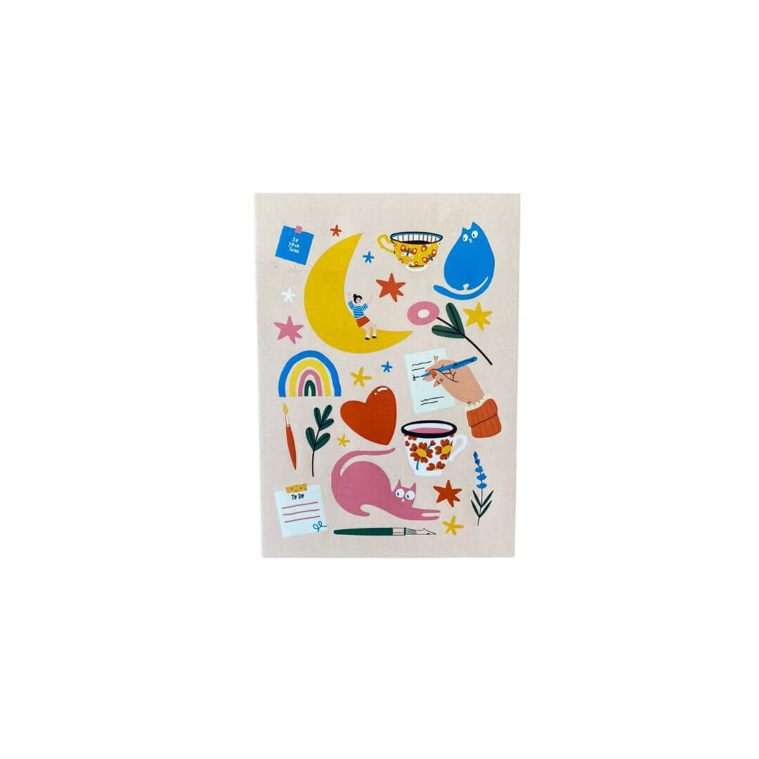 Cartela de Adesivos - Papelaria Unicórnio - Lua e Gatos A6