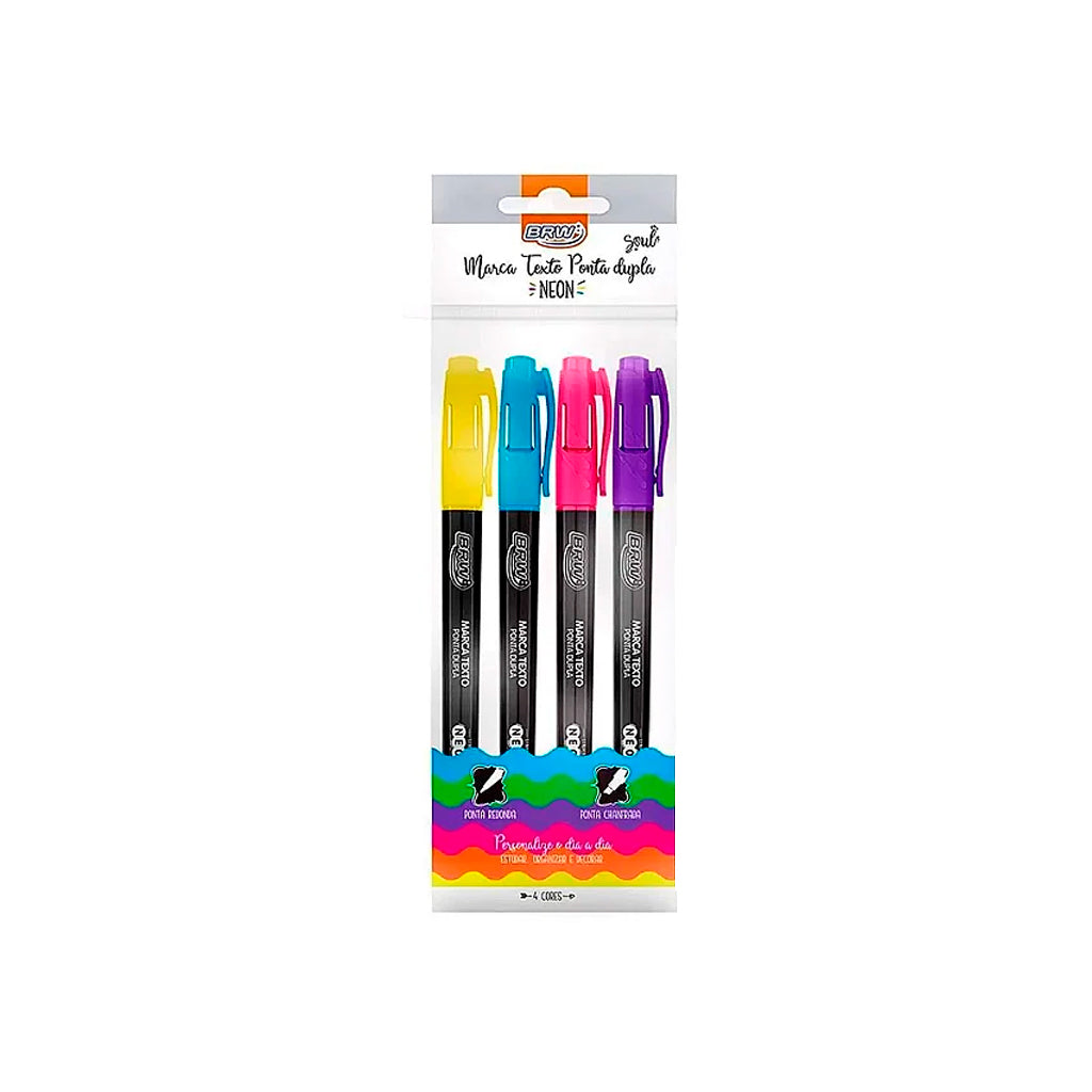 Marca Texto Ponta Dupla - BRW - Neon 4 Cores