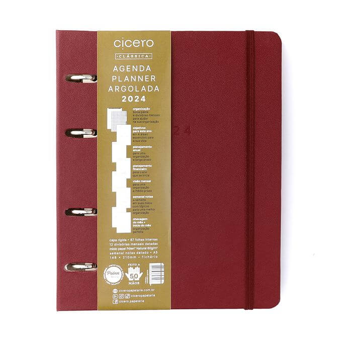 Planner Argolado 2024 - Cícero - Clássica Semanal Notas A5 Vermelho Quente