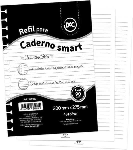 Refil para Caderno Smart Universitário - DAC -  48 Folhas Destacáveis Brancas