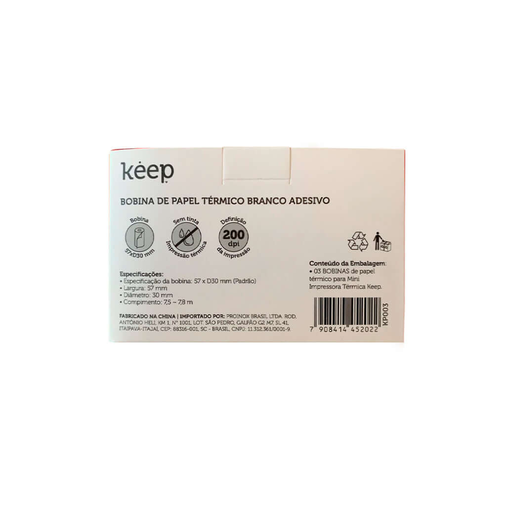 Papel Térmico Branco Adesivo - Keep - 3 Rolos P/ Mini Impressora 57x30mm - lateral