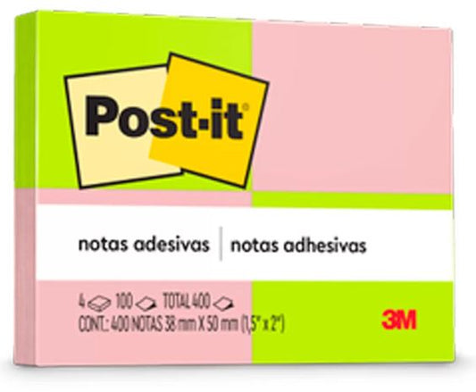 Bloco de Notas Adesivas - Post-it 3M - Neon 38 x 50mm 4 Blocos 100Fls