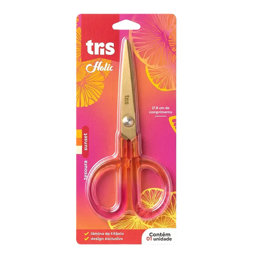 Tesoura Multiuso Tris Holic Sunset de 17,8 cm com cabo transparente em degradê rosa e laranja e lâmina dourada