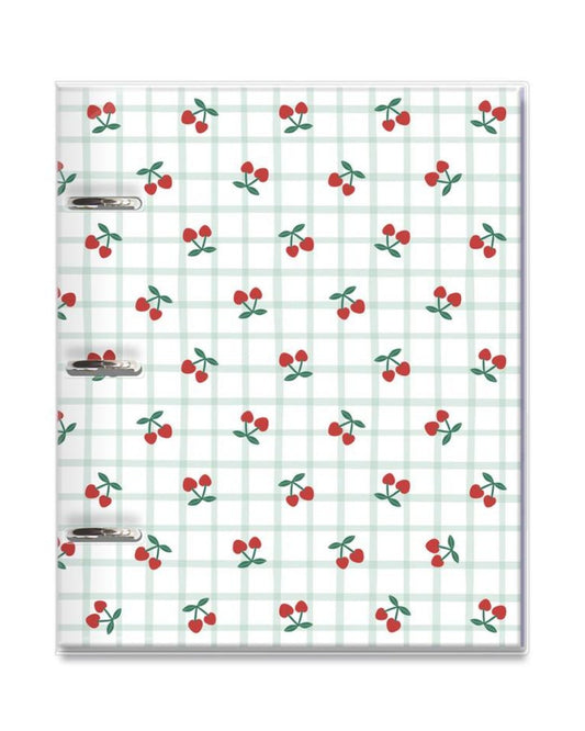Caderno Argolado Fina Ideia Cereja com capa estampada de cerejas, argolas metálicas e acessórios
