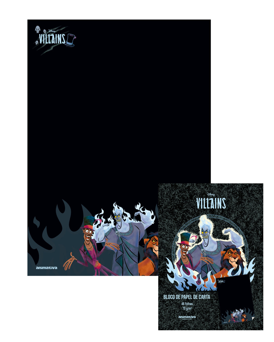 Papel de Carta Animativa Vilões com folhas decoradas temáticas de Úrsula, Malévola, Hades e Cruella