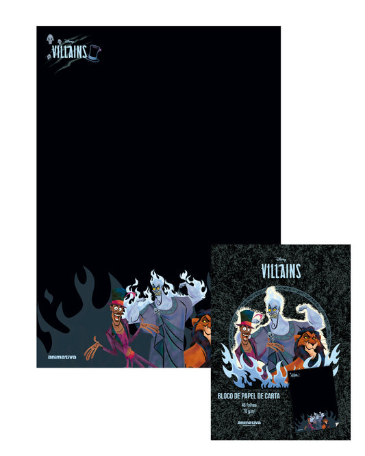 Papel de Carta Animativa Vilões com folhas decoradas temáticas de Úrsula, Malévola, Hades e Cruella