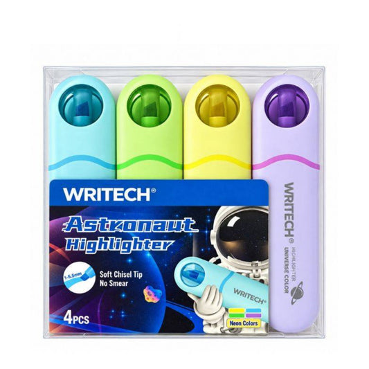 Estojo Marca-Texto Writech Astronaut Neon Colors com quatro marca-textos fluorescentes