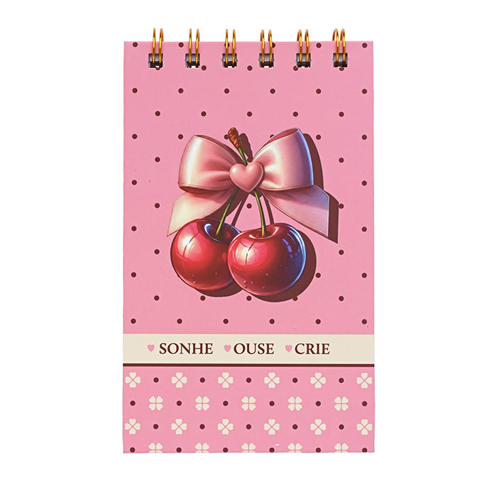 Bloco de Anotações Molin Love My Cherry Rosa com capa de cerejas, laço e bolinhas