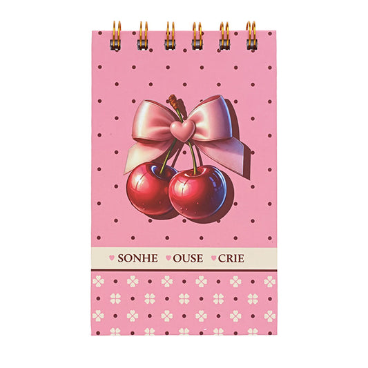 Bloco de Anotações Molin Love My Cherry Rosa com capa de cerejas, laço e bolinhas