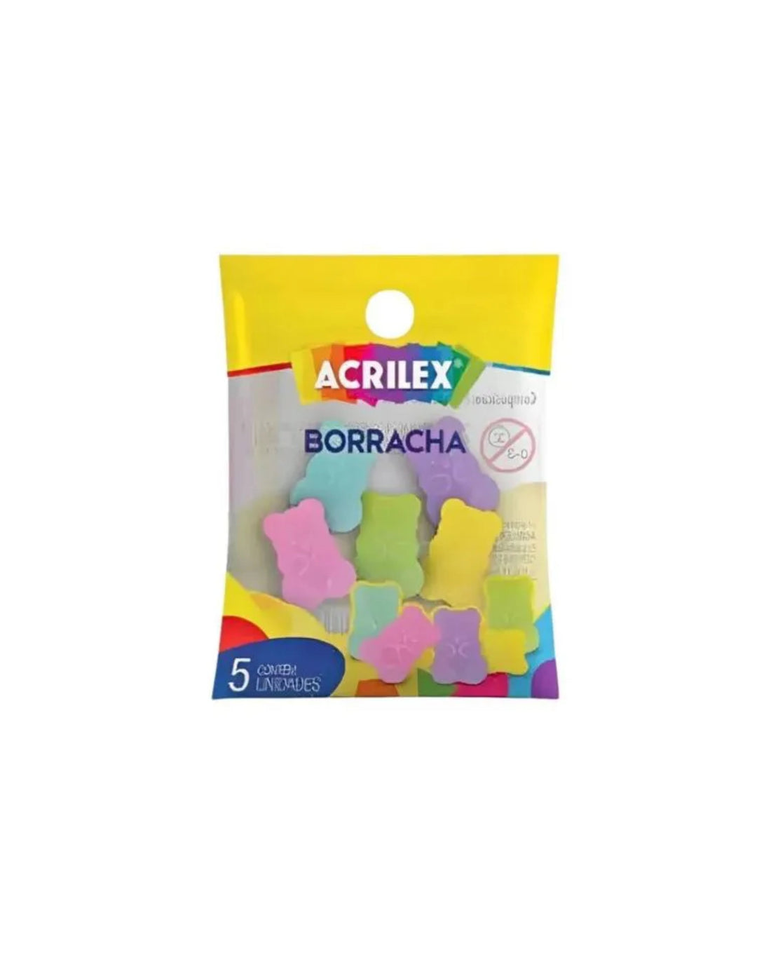 Pacote com cinco borrachas Acrilex Goma de Borrar em formato de ursinhos e cores sortidas