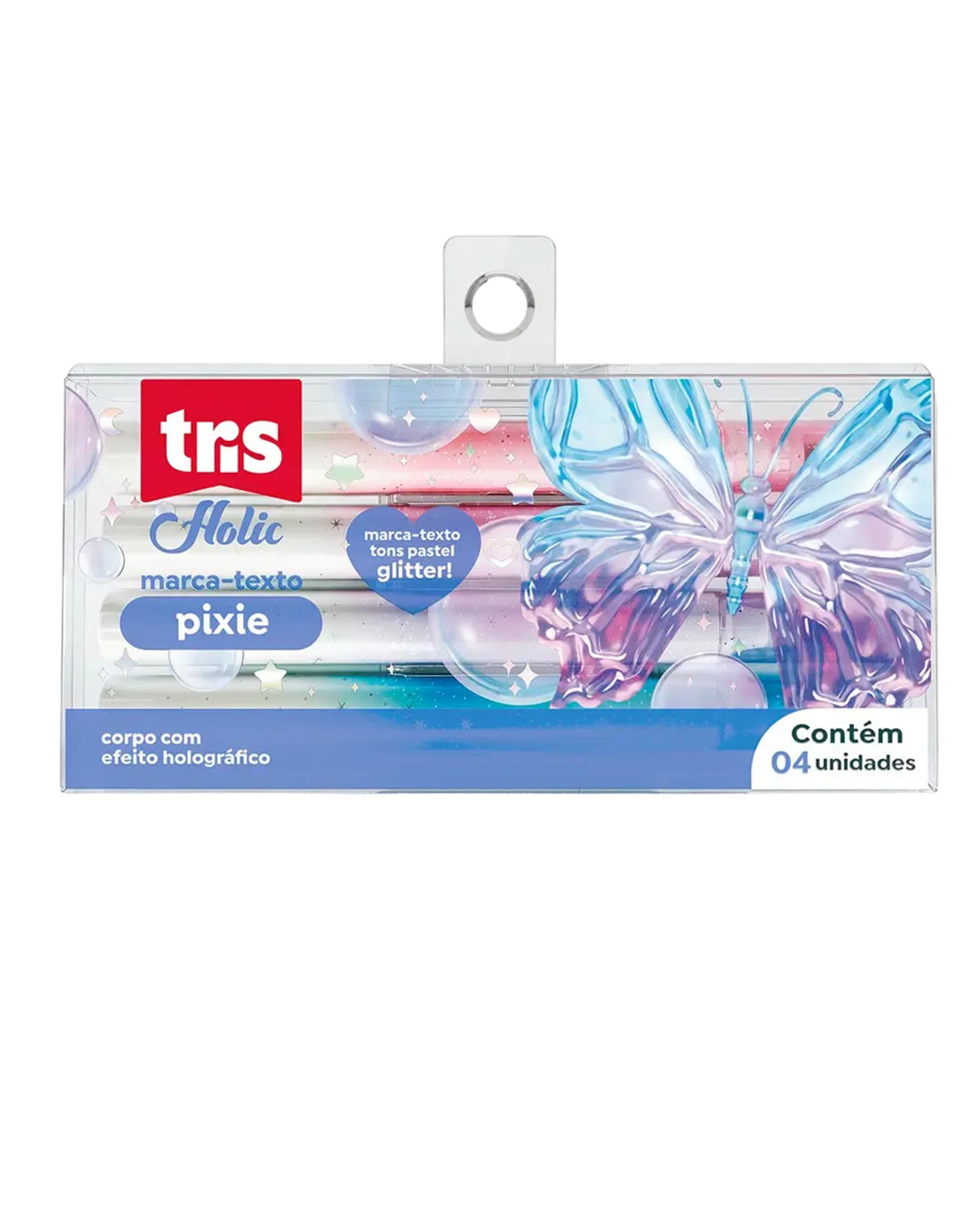 Estojo com quatro marca-textos Tris Pixie em tons pastel com glitter