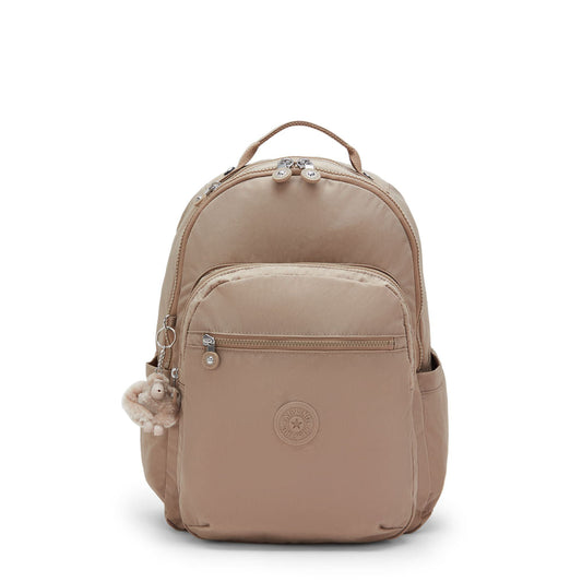 Mochila Kipling Seoul Tan Beige bege com chaveiro macaquinho