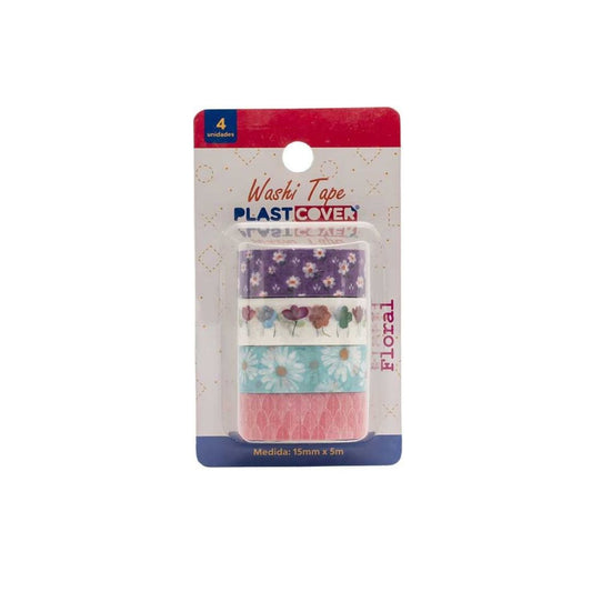 Washi Tape - Plast Cover - Floral Bl c/ 4 Unidades