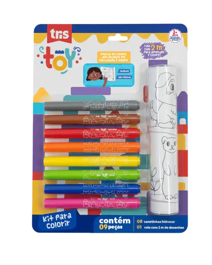 Kit para Colorir - Tris - Toy - 8 Hidrocores + 1 Rolo de 2M de Desenho - frente