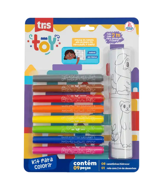 Kit para Colorir - Tris - Toy - 8 Hidrocores + 1 Rolo de 2M de Desenho - frente