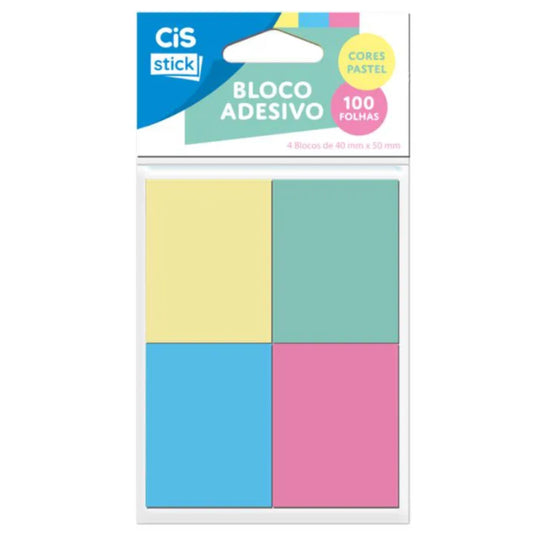 Bloco Adesivo - CIS - Stick - Cores Pastel - 38mm x 50mm - Blister c/ 4 unidades