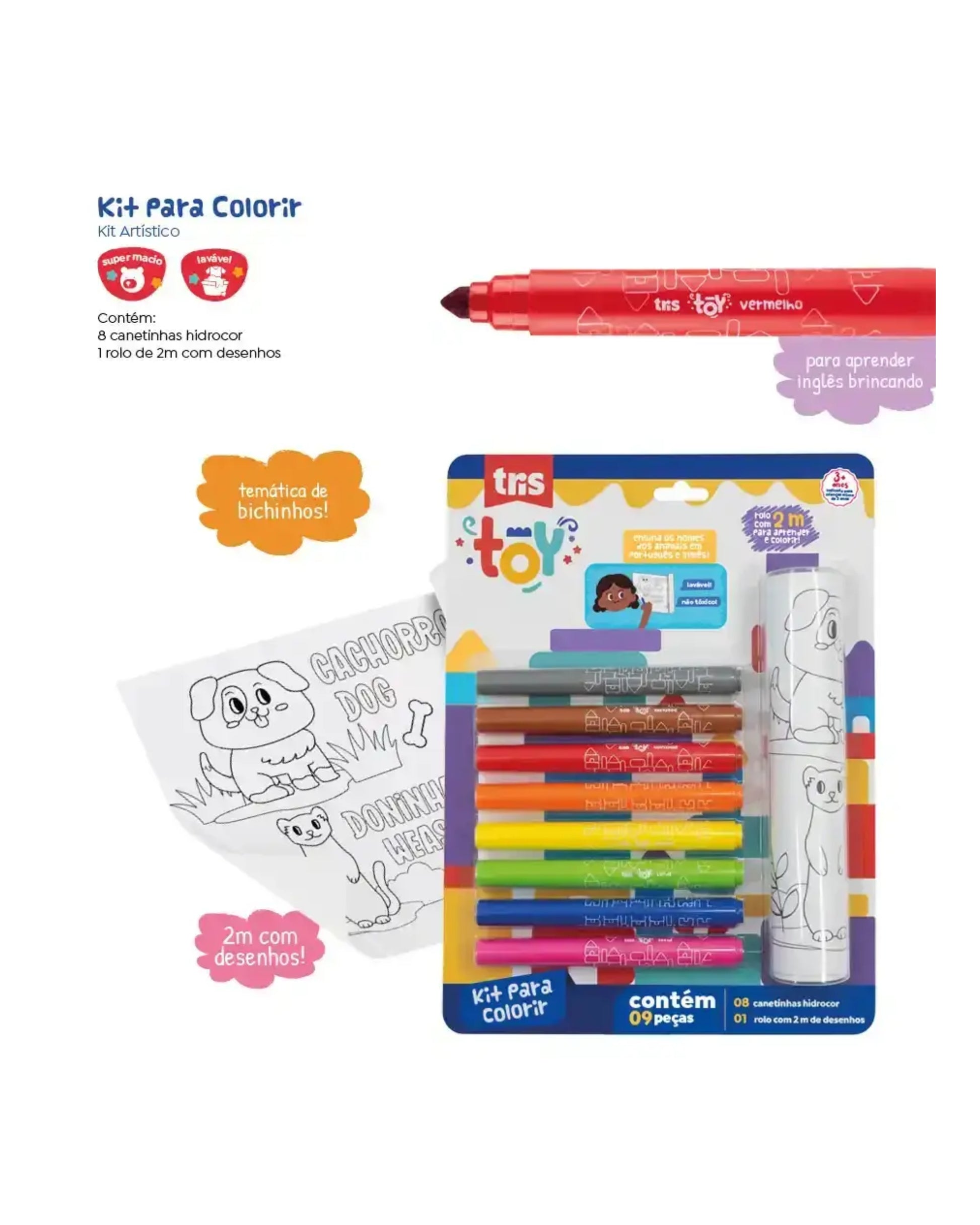 Kit para Colorir - Tris - Toy - 8 Hidrocores + 1 Rolo de 2M de Desenho - verso
