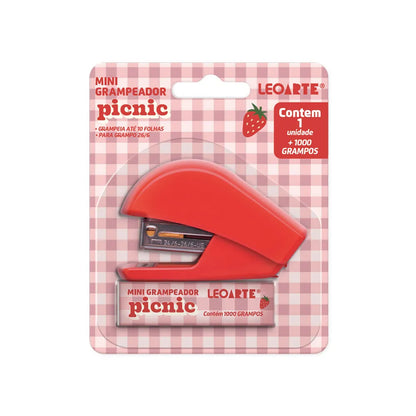 Grampeador Mini Vermelho - LeoArte - Picnic c/ 1000 grampos.