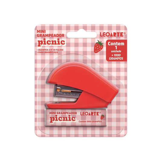 Grampeador Mini Vermelho - LeoArte - Picnic c/ 1000 grampos.