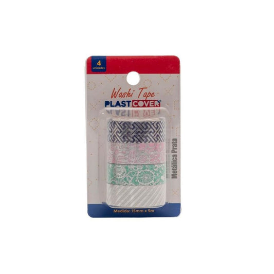 Washi Tape - Plast Cover - Metálica Prata Bl c/ 4 Unidades