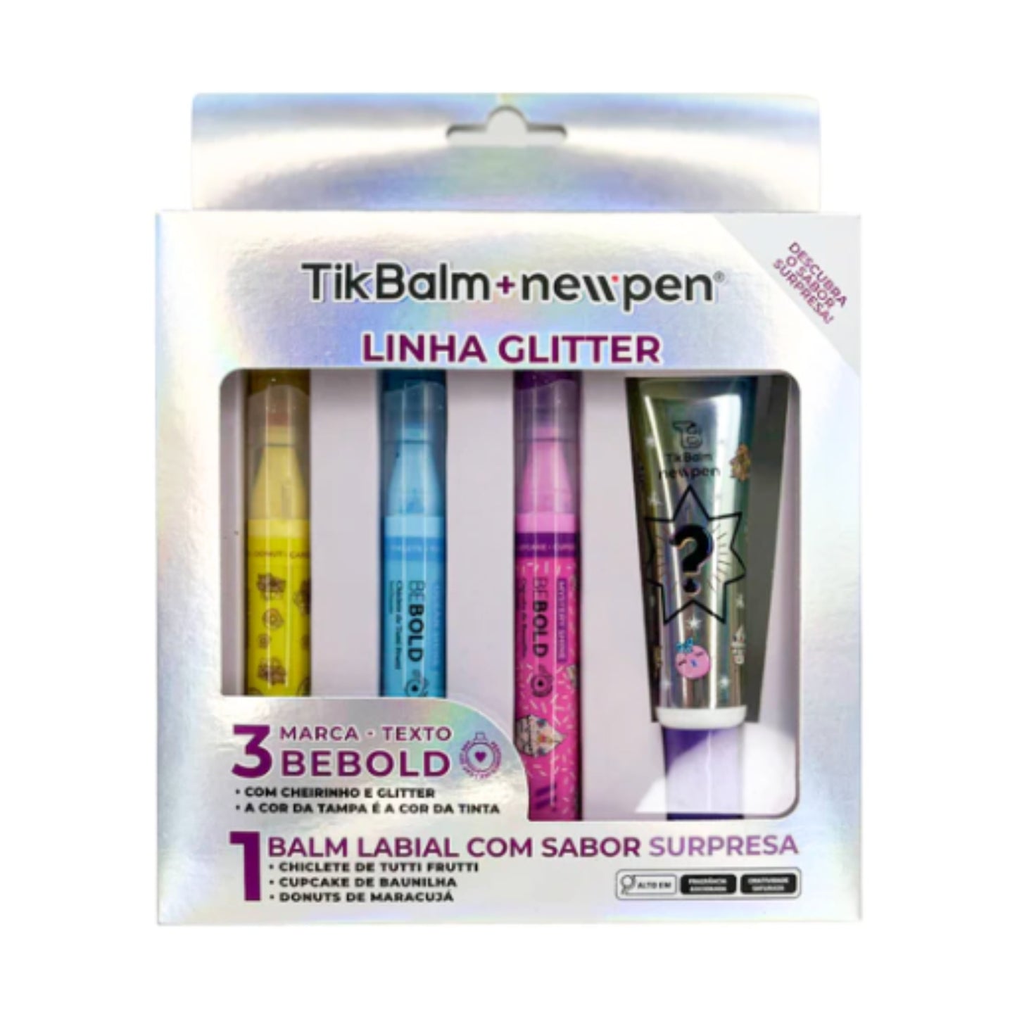 Kit Marca Texto + LipBalm - Newpen + Tikbalm - c/ Glitter e Cheirinho