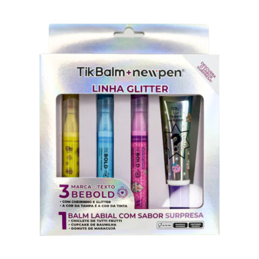 Kit Marca Texto + LipBalm - Newpen + Tikbalm - c/ Glitter e Cheirinho