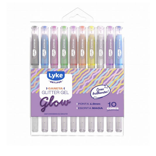 Caneta Esferográfica - Lyke - Glow - Glitter Gel - Estojo c/ 10 Cores - 1.0mm