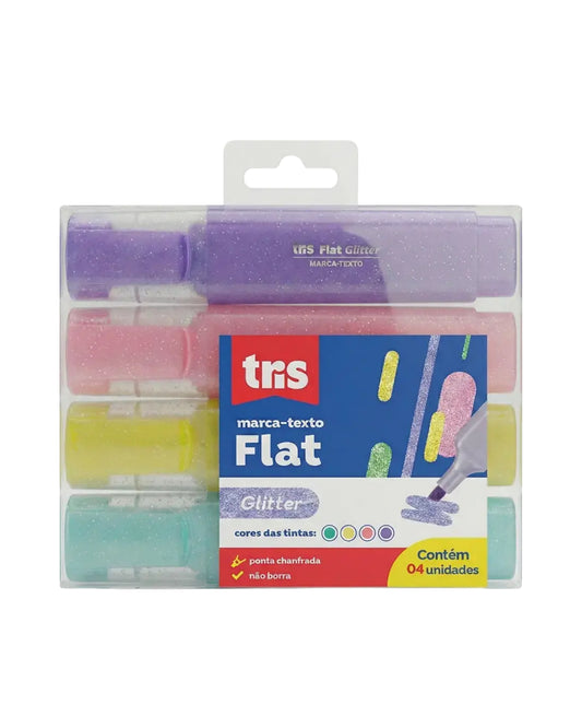Marca Texto - Tris - Flat c/ Glitter - Estojo c/ 4 Cores